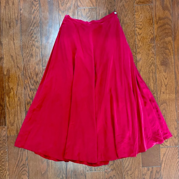 90s Vintage Laura Ashley Silk A-line Maxi Tea Length Skirt Shiny Rust Holiday - Picture 1 of 6